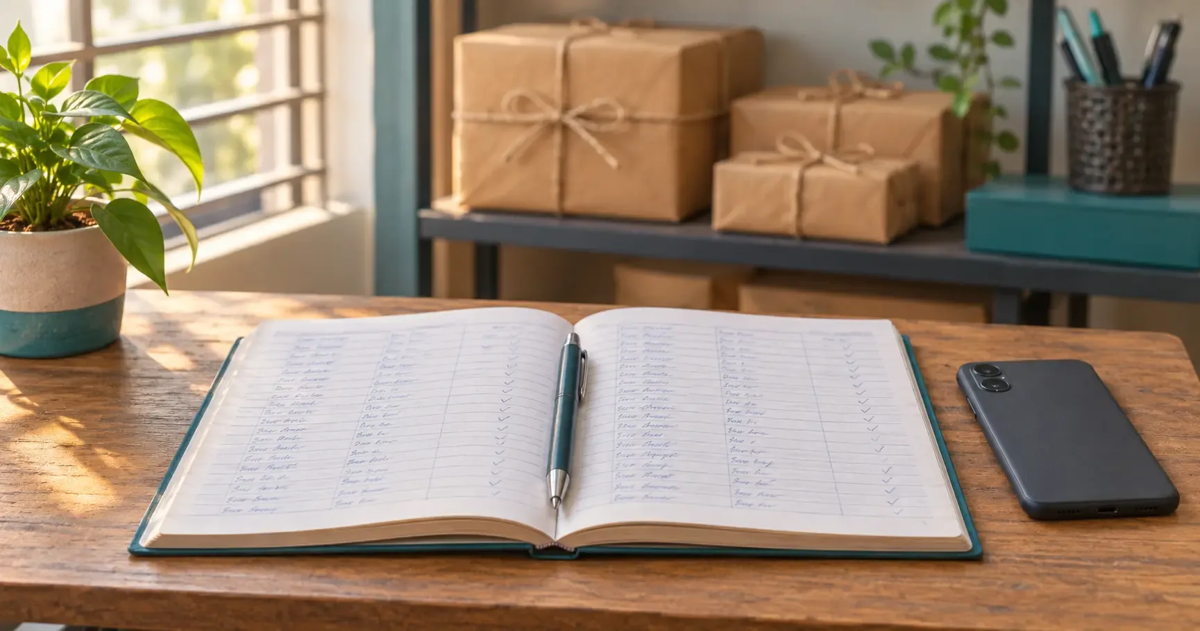 An open notebook with neatly ruled and ticked rows of handwritten orders beside a face-down phone, with wrapped parcels blurr